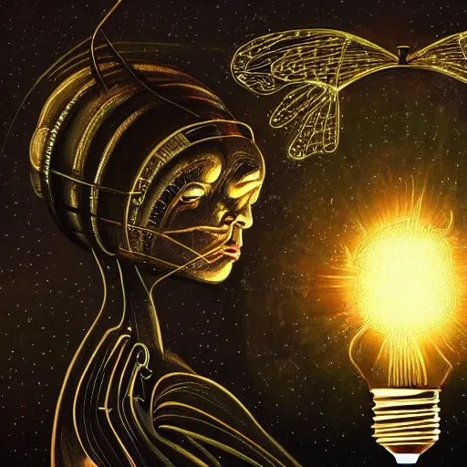 Image similar to beautiful painting of the benevolent spirit of lightbulbs surrounded by mechanical fireflies in the style of Welder Wings and H. R. Giger. Dark background, detailed, trending on Artstation