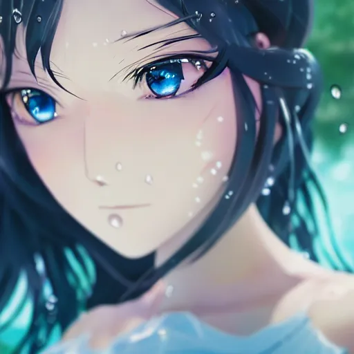 Image similar to a very beautiful anime girl wearing a dress made of water standing in a crystal lake , full body, long black hair, azure blue watery eyes, full round face, seductive stare, cinematic lighting, closeup shot, mid-shot, highly realistically detailed, trending on artstation, Unreal Engine 4k, Stanley Artgerm Lau, WLOP, Rossdraws, James Jean, Andrei Riabovitchev, Marc Simonetti, and Sakimichan