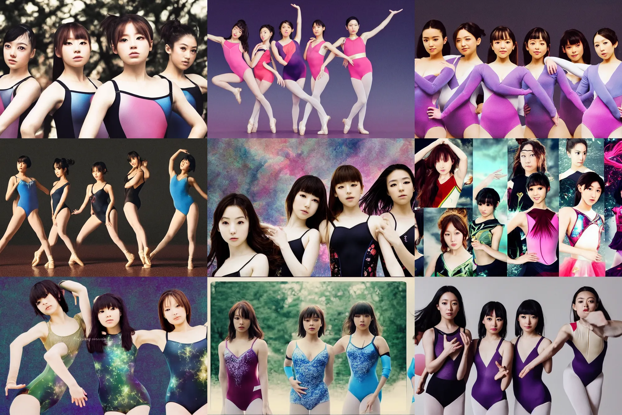 Prompt: unbelievably beautiful, perfect, dynamic, epic, cinematic 8 k hd movie shot, three japanese beautiful cute young j - pop idols actresses girls, posing together in leotards. motion, vfx, inspirational arthouse, high budget, hollywood style, at behance, at netflix, with instagram filters, photoshop, adobe lightroom, adobe after effects, taken with polaroid kodak portra