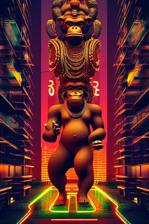 Image similar to high quality 3 d render post - rococo cyberpunk hanuman! head building, neon madhubani, open mouth, highly detailed, in sci - fi mumbai, cinematic smooth unreal engine, lee madgwick & liam wong, dramatic light, low angle, uhd 8 k, sharp focus