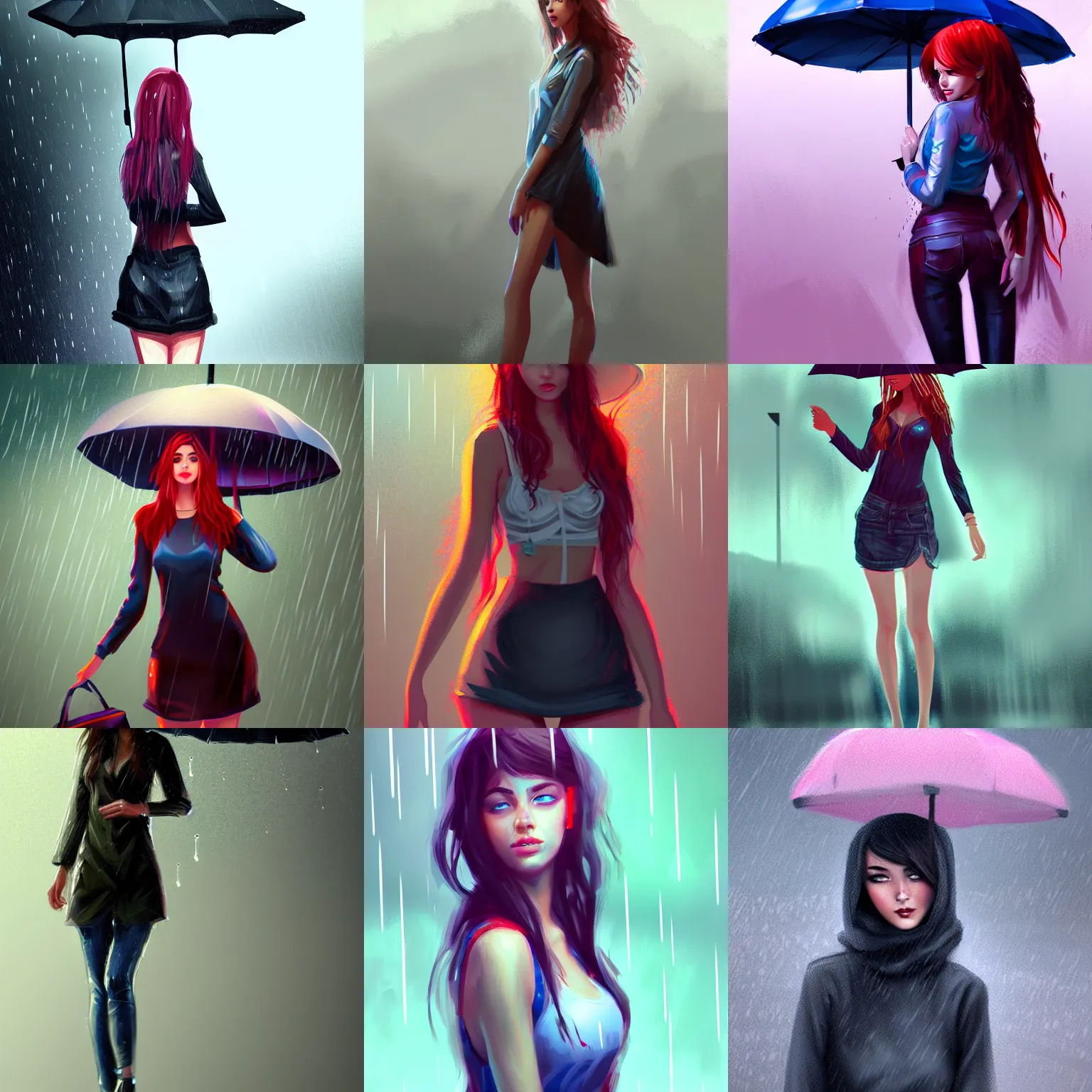 Prompt: pretty girl standing in the rain, modestly dressed, digital art, high quality, trending on artstation, concept art, detailed