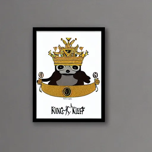 Image similar to sloth as the king of cups, coper crown, poster framed, intricate details, medieval art style, high contrast, posterized