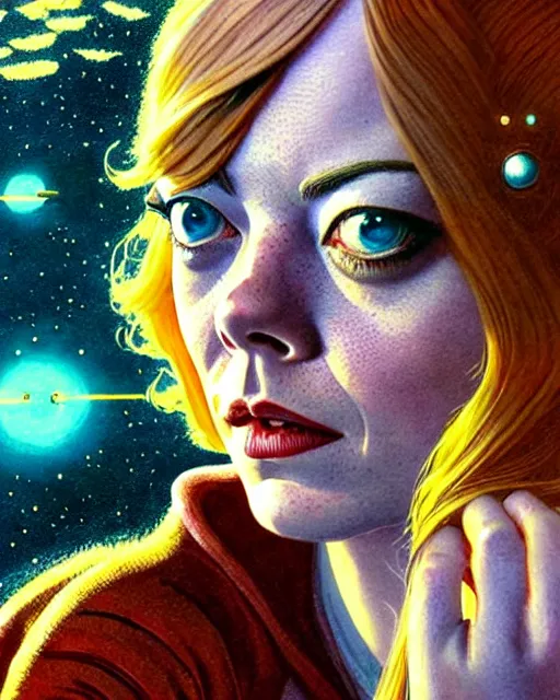 Image similar to emma stone, character portrait, portrait, close up, concept art, intricate details, highly detailed, vintage sci - fi poster, retro future, vintage sci - fi art, in the style of chris foss, rodger dean, moebius, michael whelan, and gustave dore