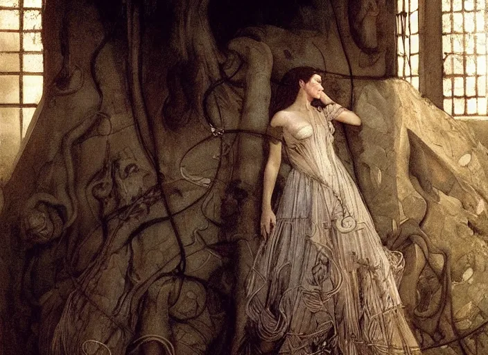 Image similar to jim henson's labyrinth. young jennifer connelly in a ballgown, is trapped in a dark shadowed oubliette made of stone. by edgar maxence and caravaggio and michael whelan and delacroix style, artistic, intricate painting, cinematic lighting, hyper realistic, extremely detailed, vivid colors, establishing shot, dramatic lighting