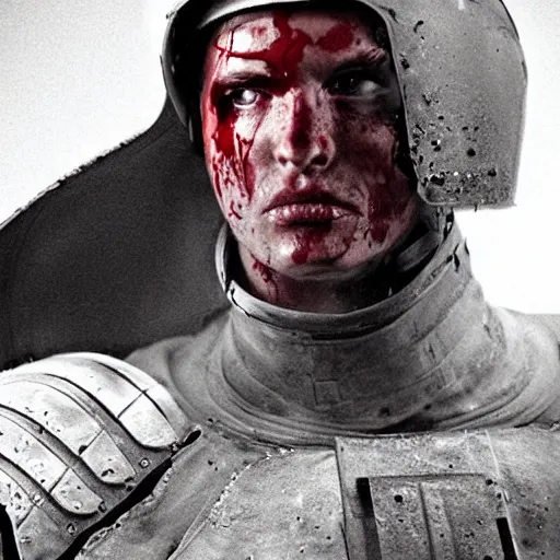 Prompt: a muscular soldier with vertical nose slits, angular eyebrows, wearing blood - spattered glossy sleek white dinged scuffed armor and a long torn red cape, heroic posture, battle - weary, strained expression, determined expression, no helmet, on the surface of mars, dramatic lighting, cinematic, sci - fi, hyperrealistic, detailed