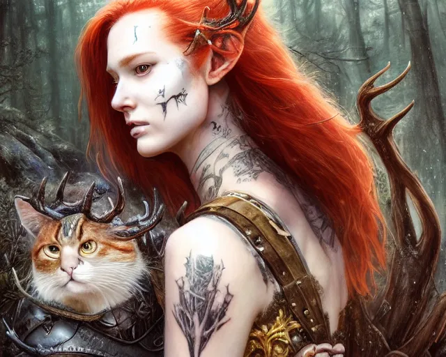 Image similar to 5 5 mm portrait photo of an armored gorgeous aesthetic redhead woman warrior with a face tattoo and antlers growing from her head and cat on her shoulder, in a magical forest. art by greg rutkowski and luis royo. highly detailed 8 k. intricate. lifelike. soft light. nikon d 8 5 0.