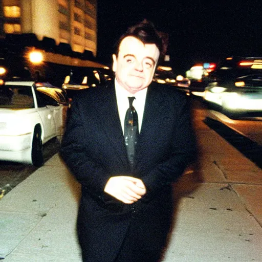 Prompt: 1 9 9 7 nathan lane wearing a black suit and necktie running down the streets of chicago at night.