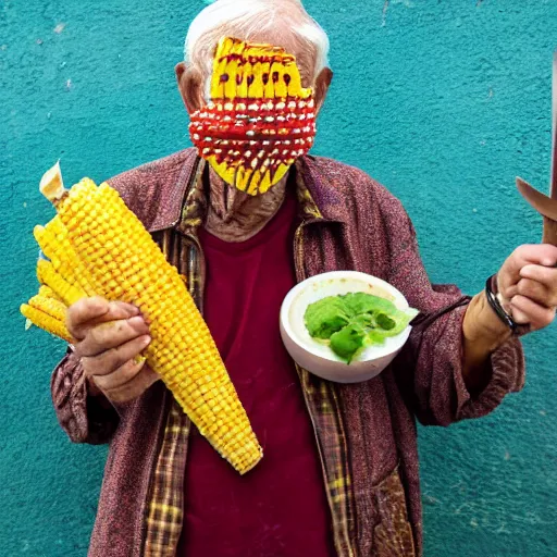 Image similar to an elderly man wearing a mask made from a tortilla, holding a sword made from elote, bold natural colors, national geographic photography, masterpiece, 8 k, raw, unedited, symmetrical balance