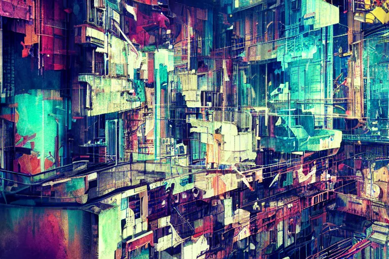 Image similar to fragmented architecture collage by atelier olschinsky and Ernst Haas, cyberpunk, (high contrast), ((oversaturated)), grafitti paint, bokeh, dof, unreal engine