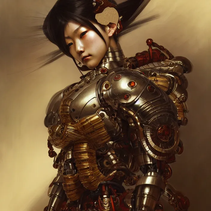 Image similar to japanese cyborg, Japanese samurai, diffuse lighting, fantasy, intricate, elegant, highly detailed, lifelike, photorealistic, digital painting, artstation, illustration, concept art, smooth, sharp focus, art by John Collier and Albert Aublet and Krenz Cushart and Artem Demura and Alphonse Mucha