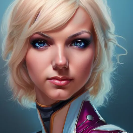 Image similar to Blonde Victoria Justice with light blue eyes as Gwenpool, western, D&D, fantasy, intricate, elegant, highly detailed, digital painting, artstation, concept art, matte, sharp focus, illustration, art by Artgerm and Greg Rutkowski and Alphonse Mucha