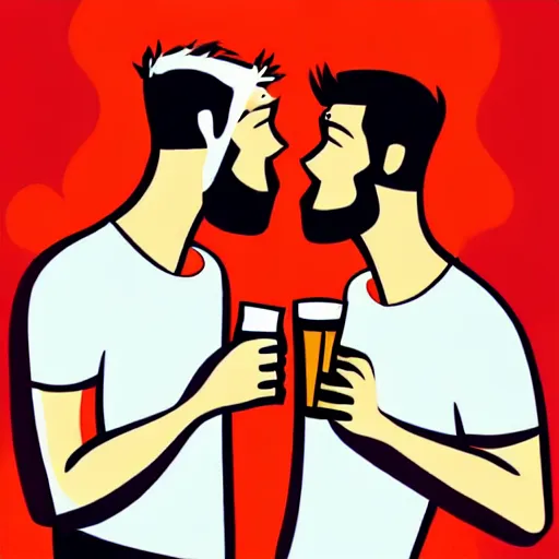 Prompt: two beautiful chad men drinking beers, many white hearts, friendship, love, sadness, dark ambiance, concept by Godfrey Blow, featured on deviantart, drawing, sots art, lyco art, artwork, photoillustration, poster art