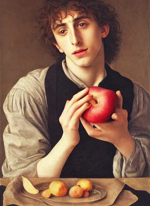 Image similar to (((( a painting of a Timothee Chalamet EATING an APPLE, a character portrait by Dürer, behance, pre-raphaelitism, da vinci,y pre-raphaelite, detailed painting“