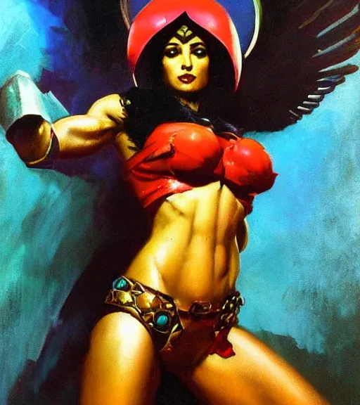 Image similar to portrait of strong iranian female chaos angel, beautiful! coherent! by frank frazetta, by brom, strong line, vivid neon color, shining metal power armor, iron helm, high contrast, maximalist