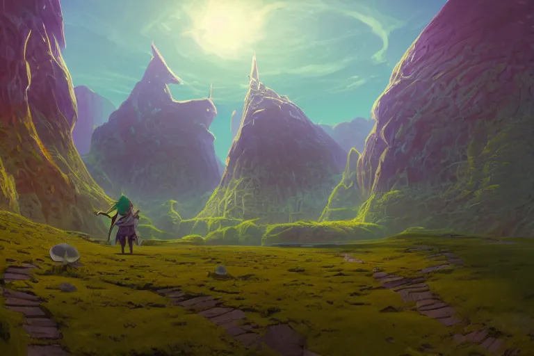 Prompt: first person perspective digital illustration of a Hyrule reimagined by indusgtrial light and magic:1|wide angle panoramic by beeple and Roger Dean, viewed from eye level:0.9|fantasy, horizontal symmetry, cinematic, architectural design by Frank Gehry:0.9|Unreal Engine, Octane, finalRender, devfiantArt, artstation, artstation HQ, behance, HD, 16k resolution:0.8