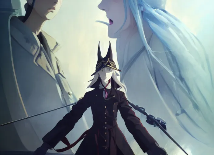 Prompt: portrait of lady maria, helm of second world war warship in background, illustration concept art anime key visual trending pixiv fanbox by wlop and greg rutkowski and makoto shinkai and studio ghibli and kyoto animation, symmetrical facial features, astral witch clothes, ww 2, golden details, gapmoe yandere grimdark, volumetric lighting, backlit