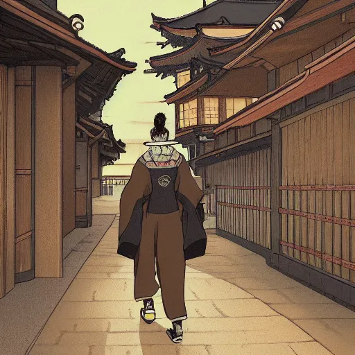 Prompt: nekomata walking by the streets of the medieval japan, Trending on Artstation, dark colors, 8k