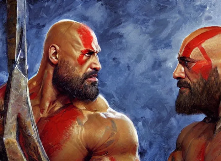 Image similar to a highly detailed beautiful portrait of dwayne johnson as kratos, by gregory manchess, james gurney, james jean