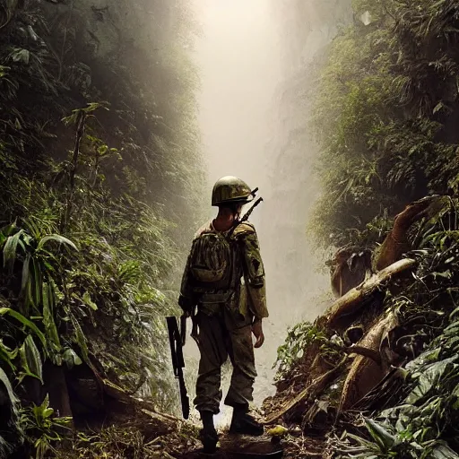 Prompt: an extremely detailed matte painting of a ridiculously good looking jesus that looks like a soldier in the vietnam war, dressed as joker from full metal jacket by stanley kubrick, wearing a ballistic helmet that says'born to save '!!!!, camouflaged gear, jungles of vietnam beautiful, intricate, cinematic, greg rutkowski, stanley kubrick, octane render