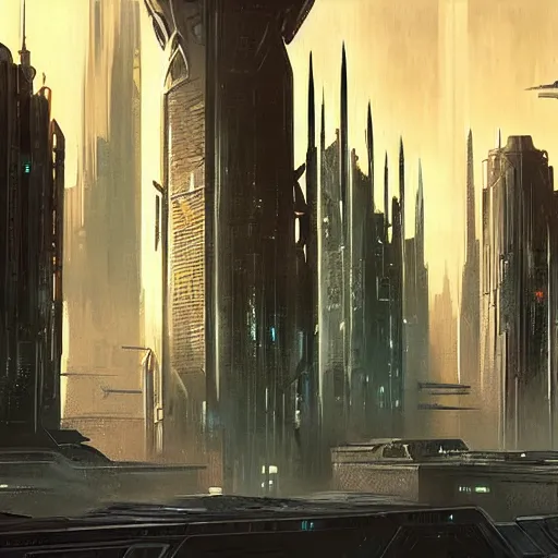 Image similar to dystopian evil cyberpunk cityscape, giant spires and buildings, 1 9 7 0 s star wars concept art painting