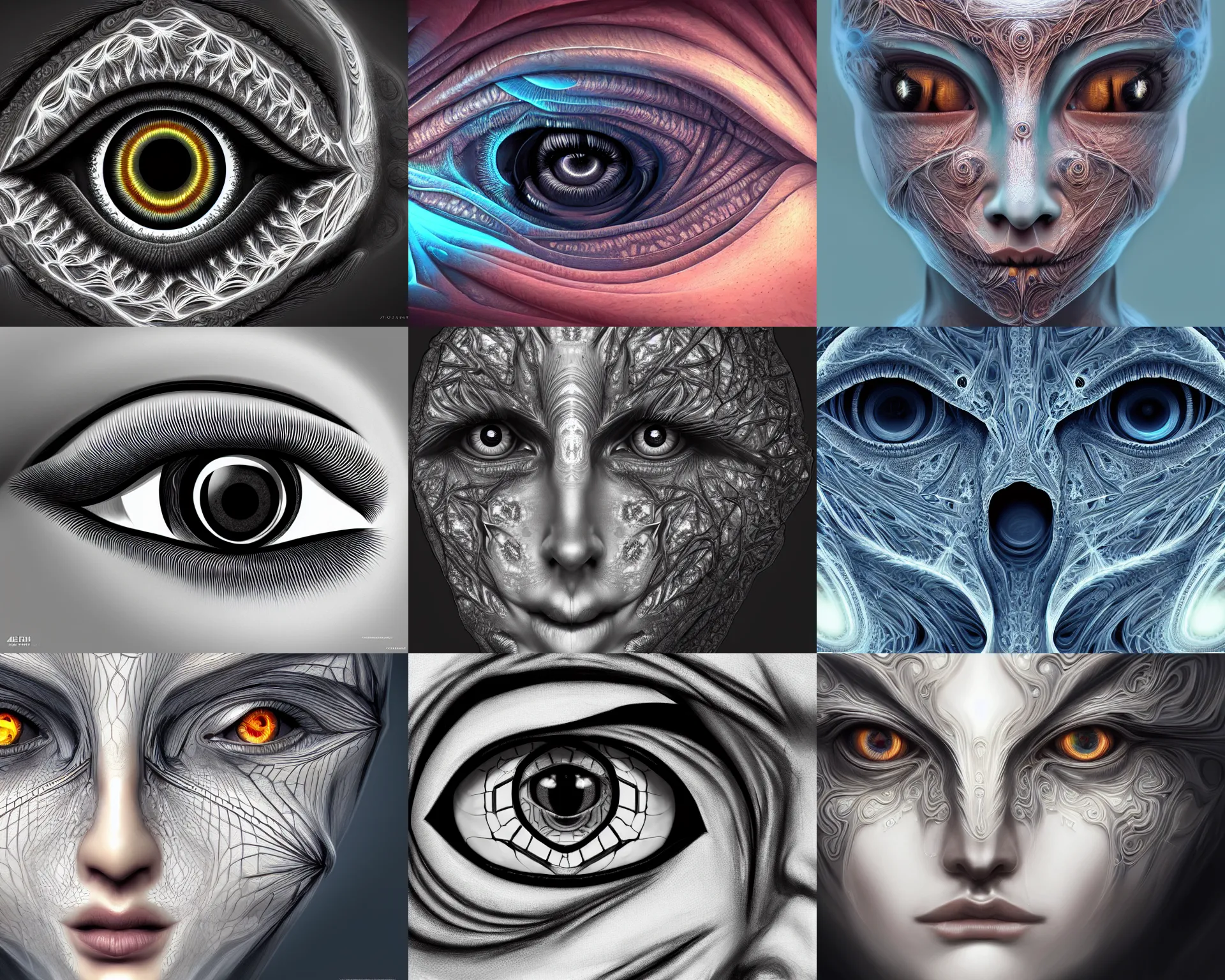 Prompt: recursive fractal eyes, repeating leye, fractal insane, intricate, highly detailed, digital painting, artstation, concept art, smooth, sharp focus, illustration, unreal engine 5, 8 k, art by artgerm