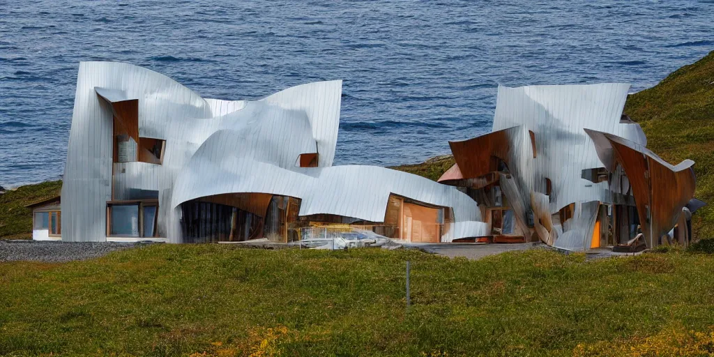 Image similar to modern norwegian fjord beach house designed by frank gehry, contemporary architecture, photography