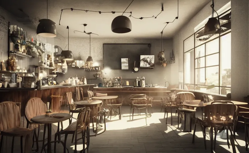 Image similar to a coffe shop, octane render, artstation trending, highly detailded