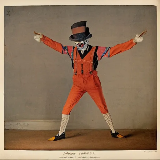 Image similar to Clown dancing in suspenders on a triangular roof, anthropology, ethnology, biology, 8k, realistic