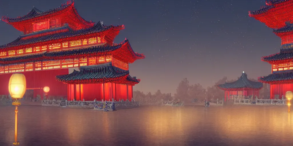 Image similar to magnificent chinese immortal palace, night view with kongming lanterns in the sky, concept art, dreamy, render by octane and blender, hyper realistic, cinematic lighting, unreal engin 5, by krenz cushart, 8 k, vray render, artstation, deviantart