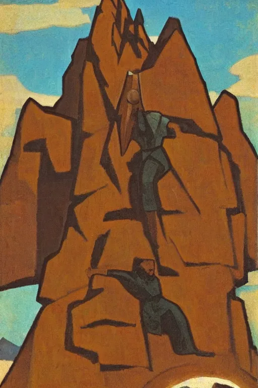 Image similar to thor holding the hammer, stay on mountain, marvel, artwork by nicholas roerich,