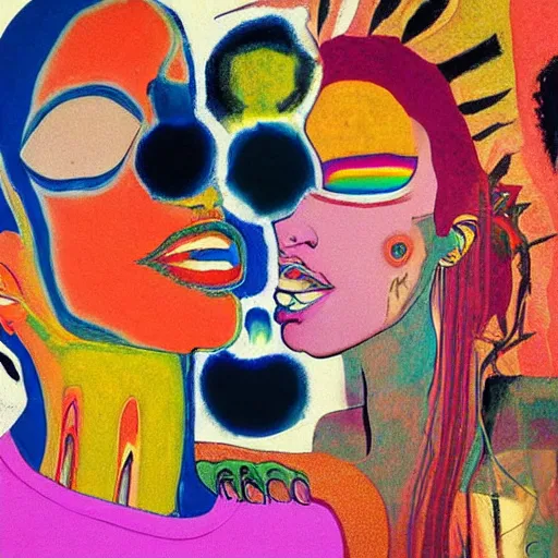 Image similar to beautiful painting of two bizarre psychedelic women kissing each other closeup in japan 1 9 7 0, speculative evolution, mixed media collage by basquiat and alex grey, magazine collage art, sapphic art, lesbian art