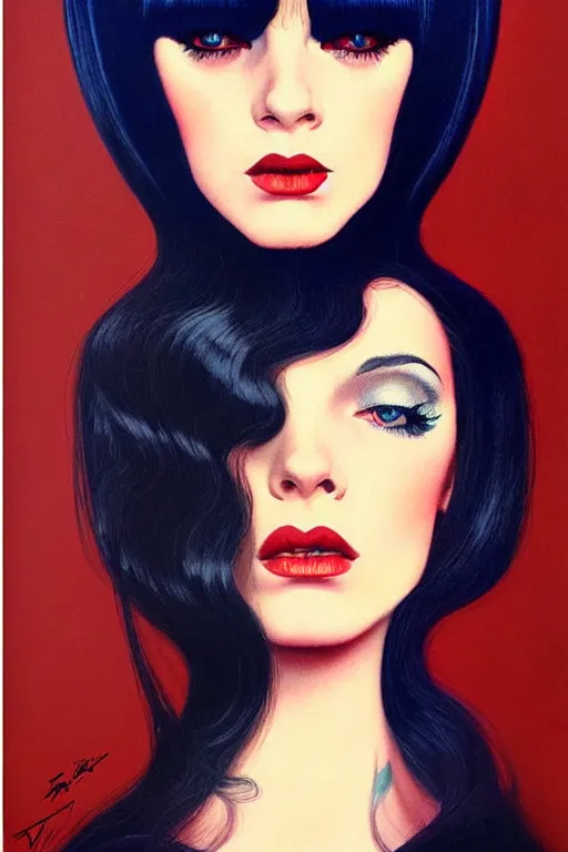 Image similar to portrait 1 9 6 0 s beautiful mod girl, long straight 6 0 s hair with bangs, wearing velvet, vampire, glam, groovy, by brom, tom bagshaw