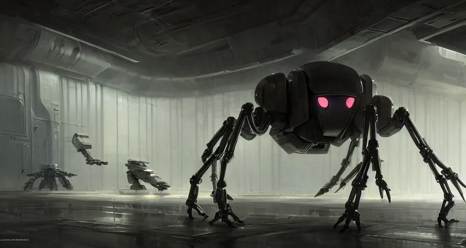 Prompt: hyper realistic sci - fi matte concept art painting of a spider - shaped mecha in a starship hanger, beautiful details, strong composition painted by kim jung guweta studio rutkowski, james gurney and greg rutkowski, and lucasfilm, smooth, intricate, detailed, sharp focus, cinematic