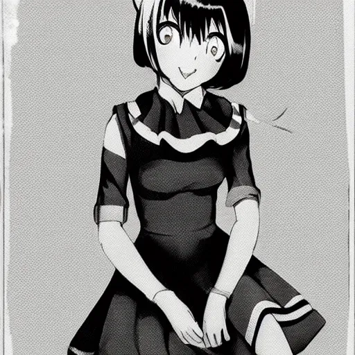 Prompt: black and white vintage photo of anime girl
