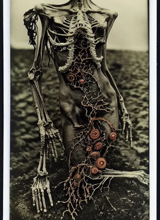 Image similar to an 1 9 1 0 polaroid photography of a very sad and detailed rotten woman corpse with fractal coral reefs and ornate growing all around, muscles, veins, arteries, bones, anatomical, skull, eye, ears, organs, flesh, full body, intricate, surreal, ray caesar, john constable, guy denning, dan hillier, black and white