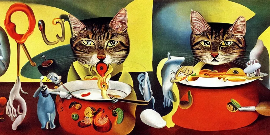 Image similar to anthropomorphic cat chef cooking a delicious colorful soup, by Salvador Dali