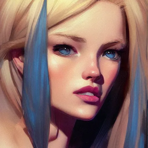 Prompt: portrait of beautiful girl with blond hair and blue eyes, League of Legend illustration by Greg Rutkowski:1, profile picture by Gil Elvgren:2, asymmetrical, Organic Painting, Ambient Occlusion:3, Matte Painting, geometric shapes, hard edges, street art, trending on the artstation, realistic:2 by Sachin Teng:5