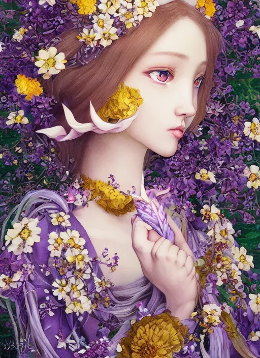 Image similar to elf girl wearing an flower suit, soft hair. light color palate, purple, yellow and white. detailed soft painting, ayami kojima, made in abyss, anatomically correct, ilya kuvshinov, inspired in balthus, high detailed face anime, vogue magazine, glorious composition, mobile wallpaper