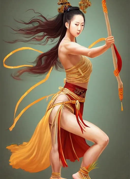 Prompt: full body portrait of a barefoot female dancer using a silk belt as weapon, barefoot, tanned skin, athletic, vivacious, hanfu, fully clothed, absurdly beautiful, chinese ribbon dance, silk belt, scorpion whip, wuxia, battle, detailed, anatomically accurate, fantasy illustration, drawn by wlop, artstation.