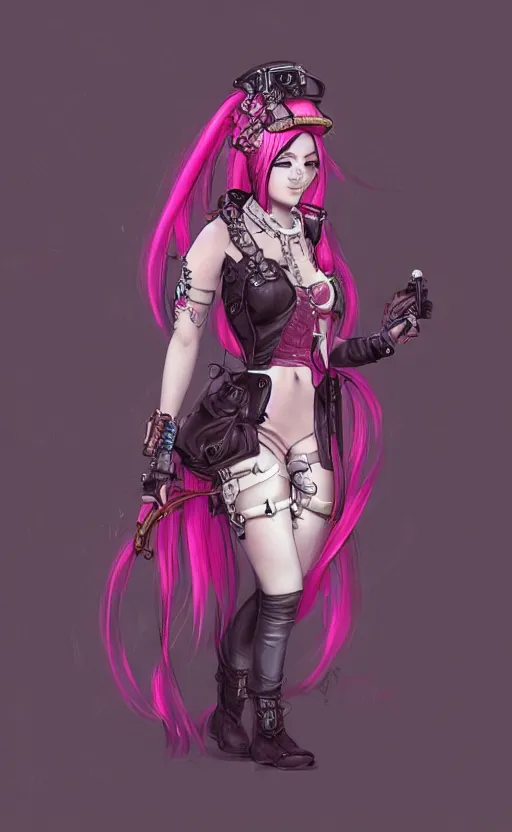 Image similar to pink hair girl dressed with inspirations from steampunk style, high detailed, digital art, trending on artstation, devianart, cgsociety