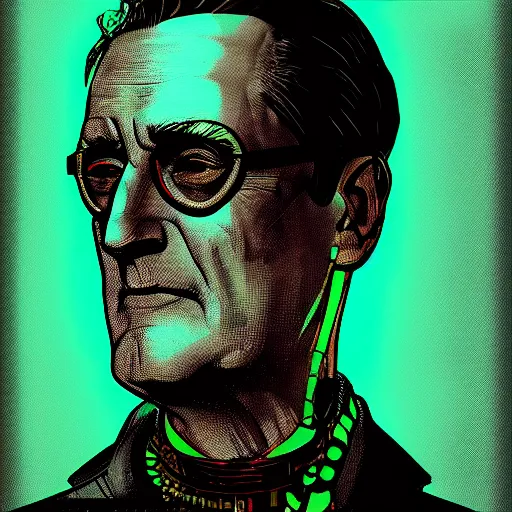 Image similar to cyberpunk franklin delano roosevelt as the leader of a futuristic communist nation, cybernetics, sharp lines, digital, artstation, colored in