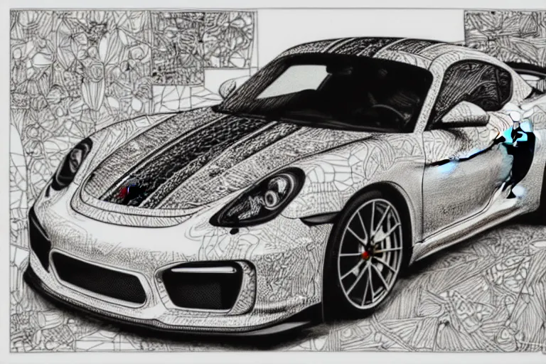 Image similar to a black and white drawing of a porsche cayman gt 4 rs, a detailed mixed media collage by hiroki tsukuda and eduardo paolozzi and moebius, intricate linework, sketchbook psychedelic doodle comic drawing, geometric, street art, polycount, deconstructivism, matte drawing, academic art, constructivism, no color