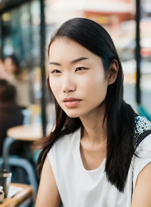 Image similar to stunning asian woman in a coffee shop staring at the lens wearing low poly, glossy white armor, 5 0 mm