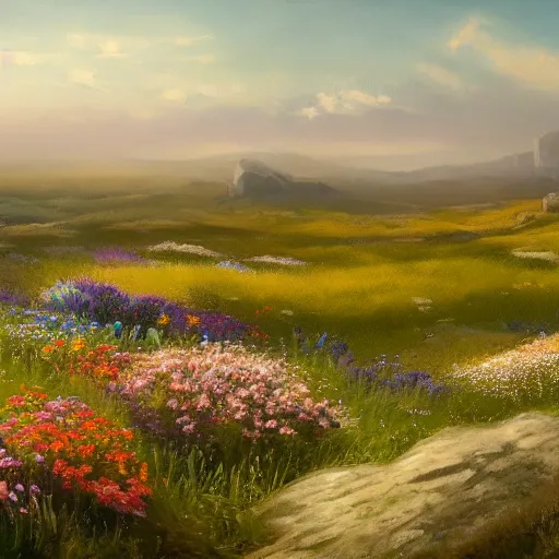 Prompt: a matte painting of a european prairie, patchy flowers and jagged rocks, oil painting, pale colors, high detail, 8 k, wide angle, trending on artstation,