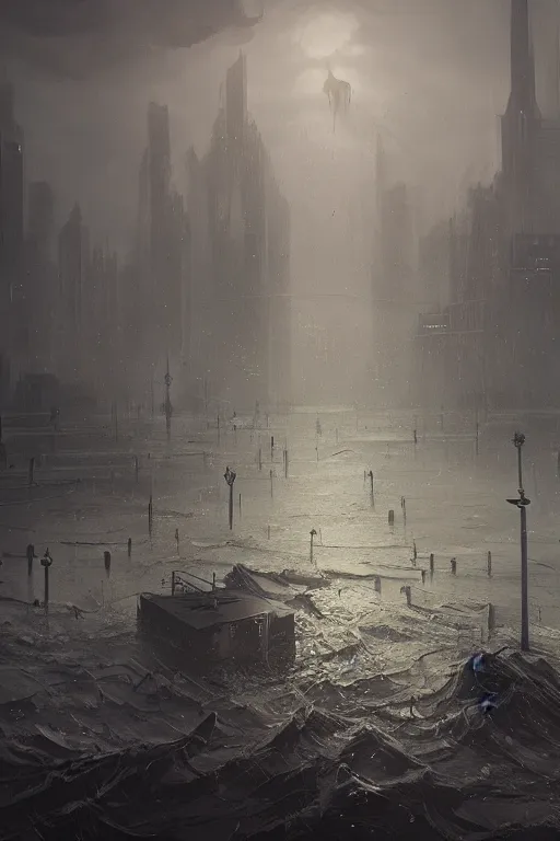 Image similar to sinking city, flood, lovecraftian, chaos, digital art, in the style of greg rutkowski, trending on artstation