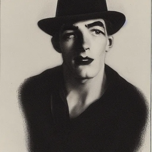 Prompt: a black and white photo of a man wearing a hat, a character portrait by george hurrell, featured on flickr, mannerism, studio portrait, chiaroscuro, 1 9 2 0 s