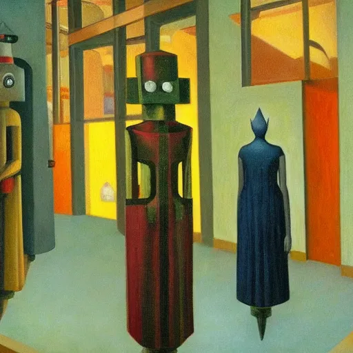 Image similar to robot druids in a grandiose atrium, grant wood, pj crook, edward hopper, oil on canvas