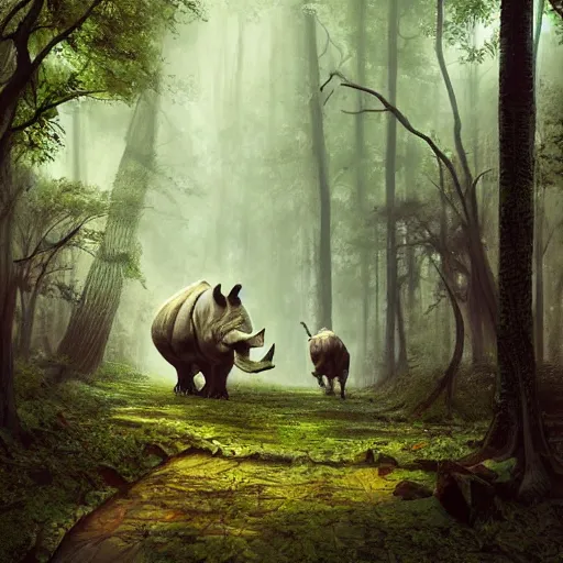 Prompt: a painting of a rhino and a skeleton in a forest, a detailed matte painting by marc simonetti, behance contest winner, fantasy art, matte painting, concept art, matte drawing. masterpiece