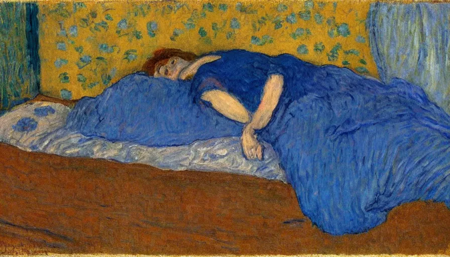 Image similar to woman with blue dress laying on the bed, by pierre bonnard