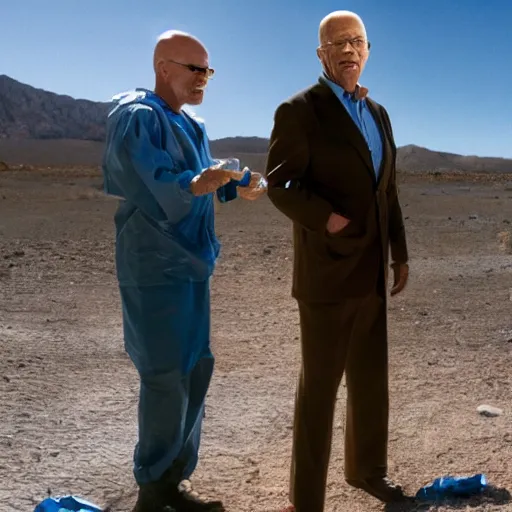 Image similar to Joe Biden and walter white holding ziploc bags of crystal blue meth, in the desert, film still, 4k, photorealistic, hd